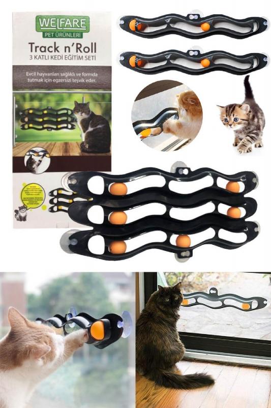 Biterse 3 Katlı Kedi Oyuncaği  Vantuzlu Cama Asılabilen Kedi Oyun Topları BTS2489243661670