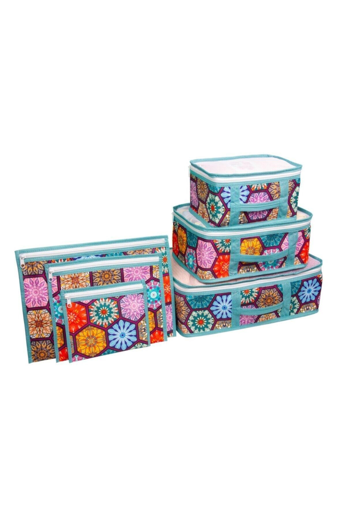 Biterse Otantik Desenli 6 Parça Seyahat Tipi Bavul İçi Organizer Set