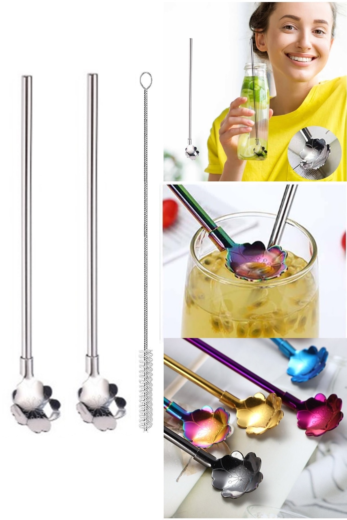 Paslanmaz Krom Çelik Pipet Kaşıklı Pipet Temizleme Fırçalı 3 Parça Set
