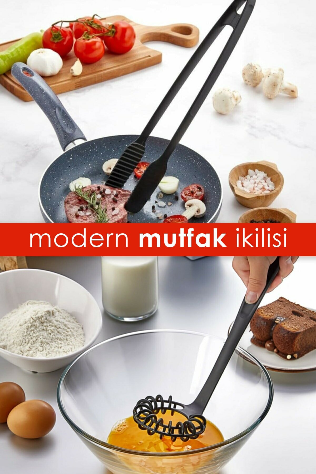 Biterse 2 li Yanmaz Yapışmaz Servis Izgara Maşası ve Spiral Çırpıcı | Pratik Çırpıcı Ve Maşa Seti