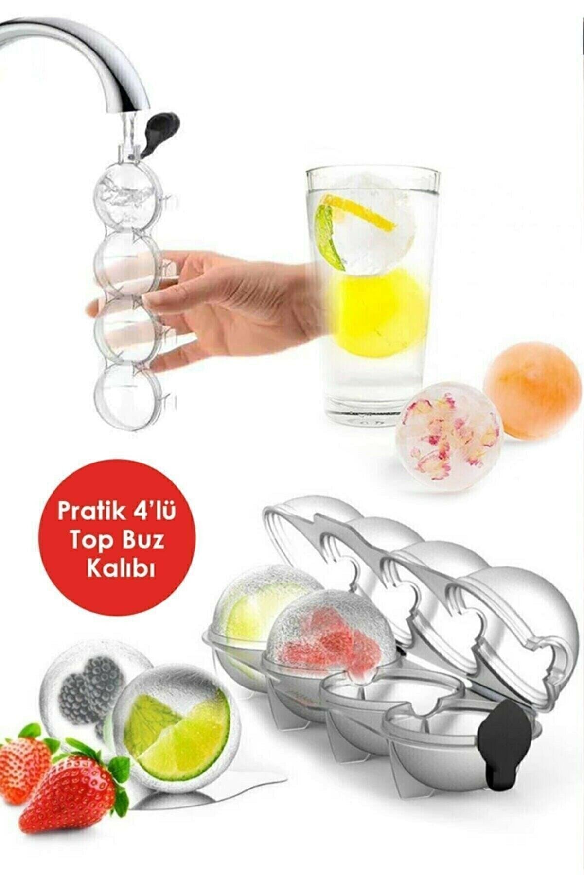 Biterse 4 lü Küre Buz Topu Kalıbı Yuvarlak Buz Topu Dondurucu Buzluk Saklama ve Sunum Kabı