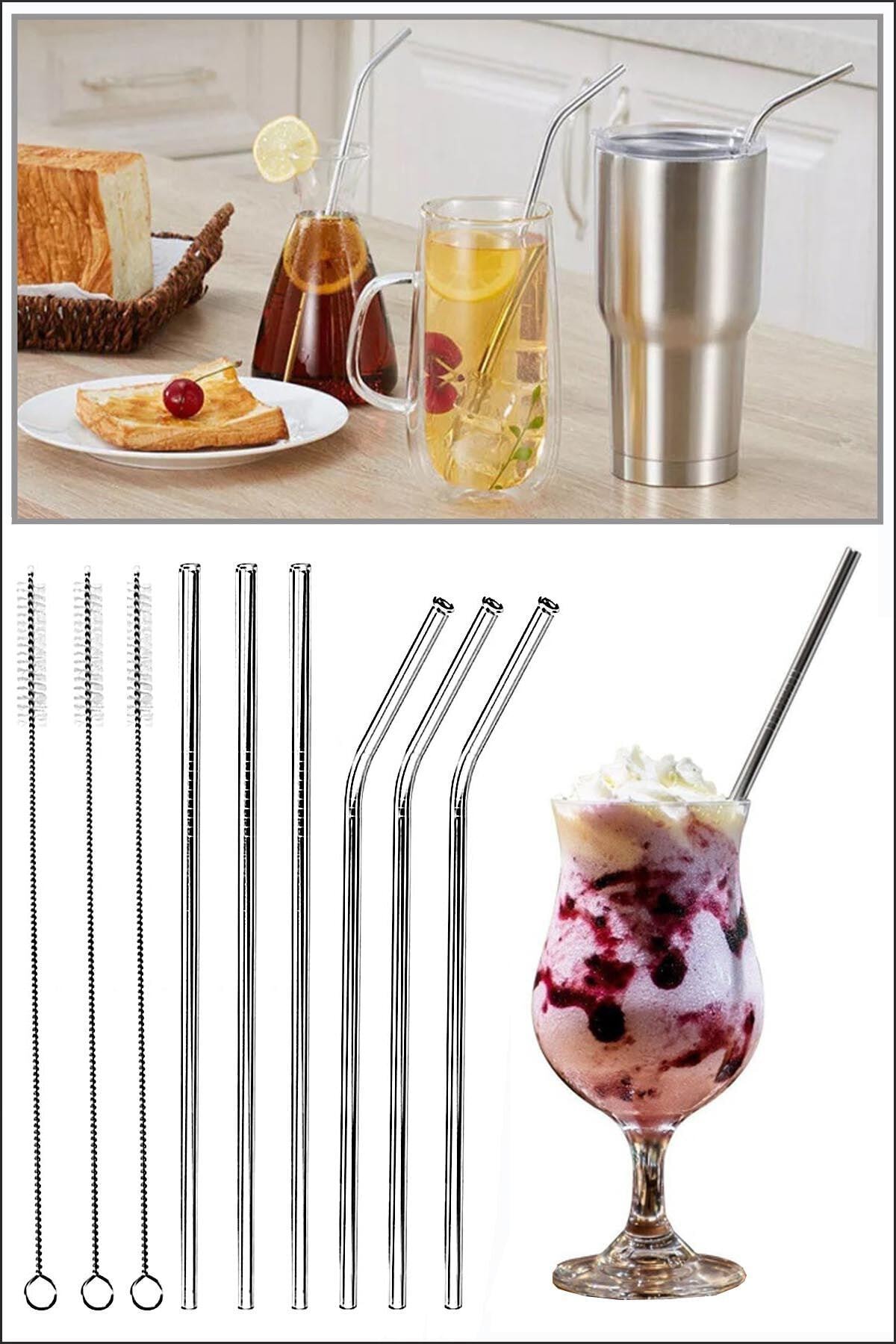 6 Adet Paslanmaz Çelik Pipet 3 Adet Pipet Temizleme Fırçası