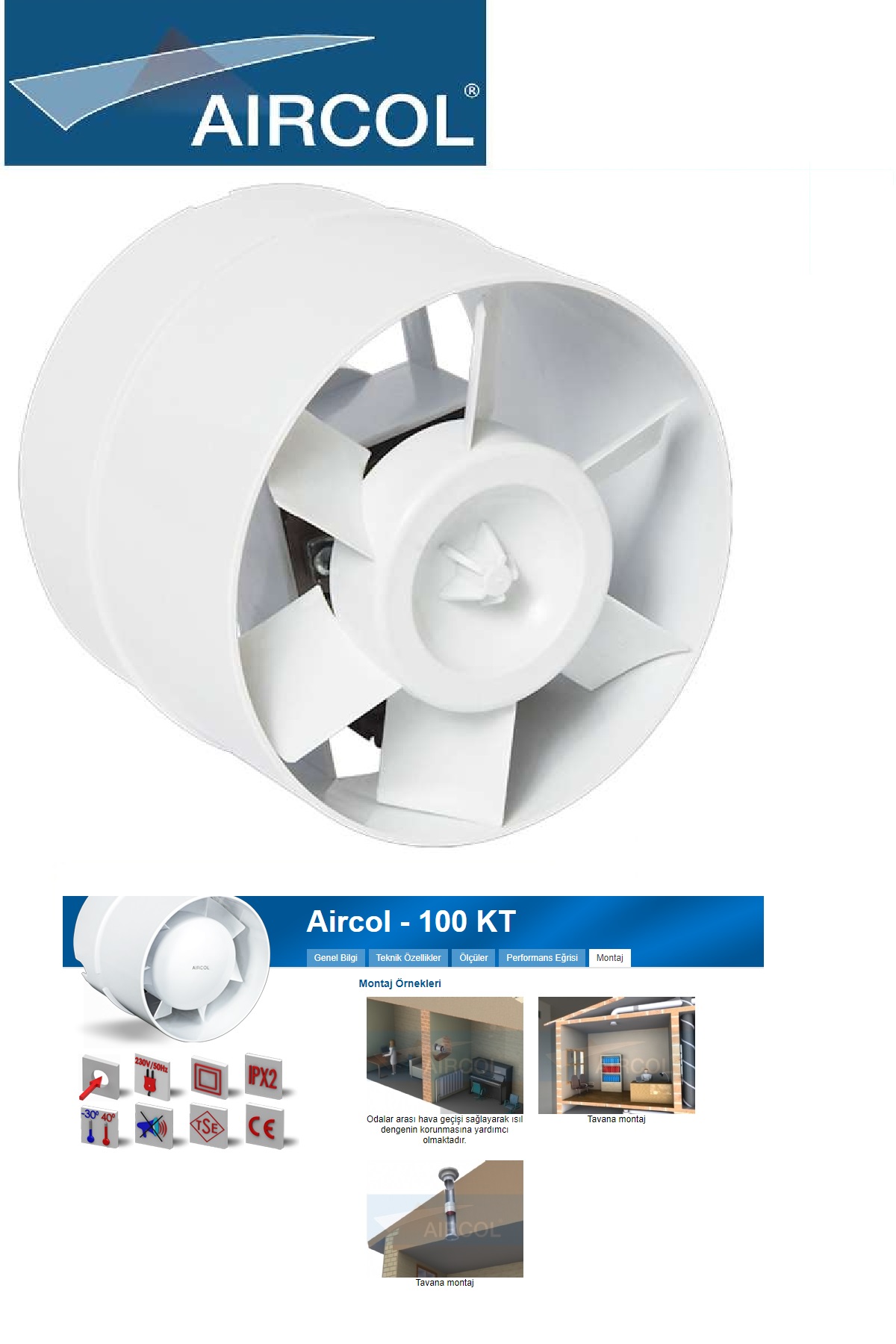 Aircol Kt Serisi Kanal Tipi Aksiyal Fan Kanal Tipi Plastik Aspiratör 100 KT