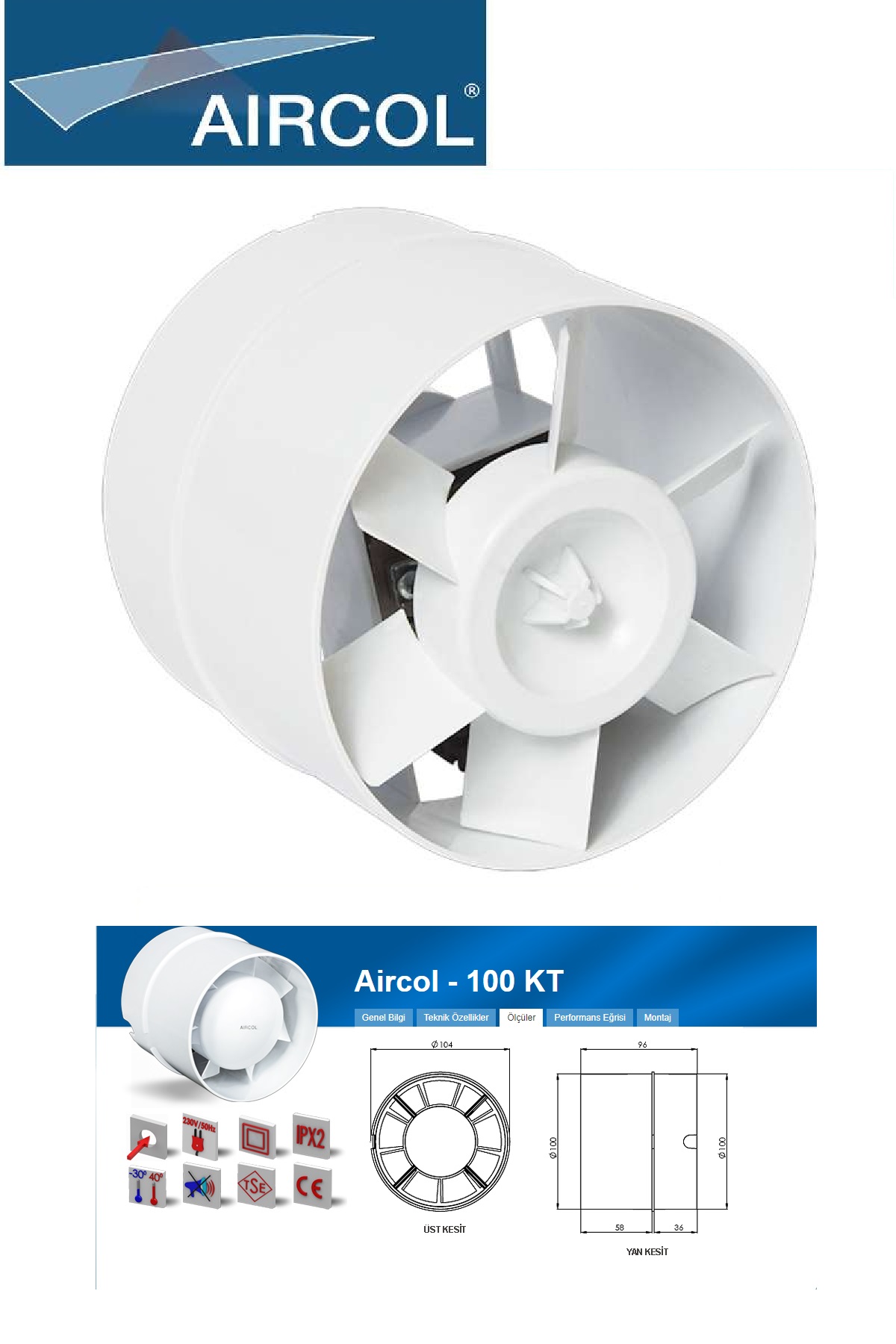 Aircol Kt Serisi Kanal Tipi Aksiyal Fan Kanal Tipi Plastik Aspiratör 100 KT