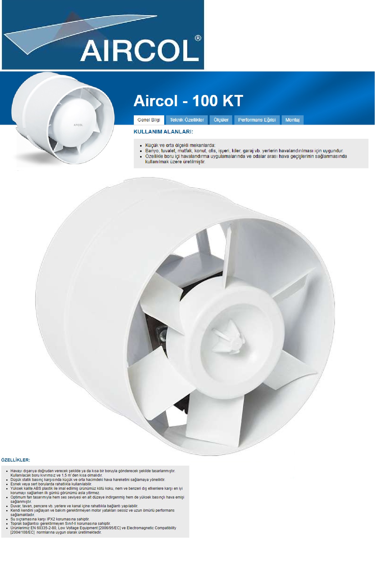 Aircol Kt Serisi Kanal Tipi Aksiyal Fan Kanal Tipi Plastik Aspiratör 100 KT