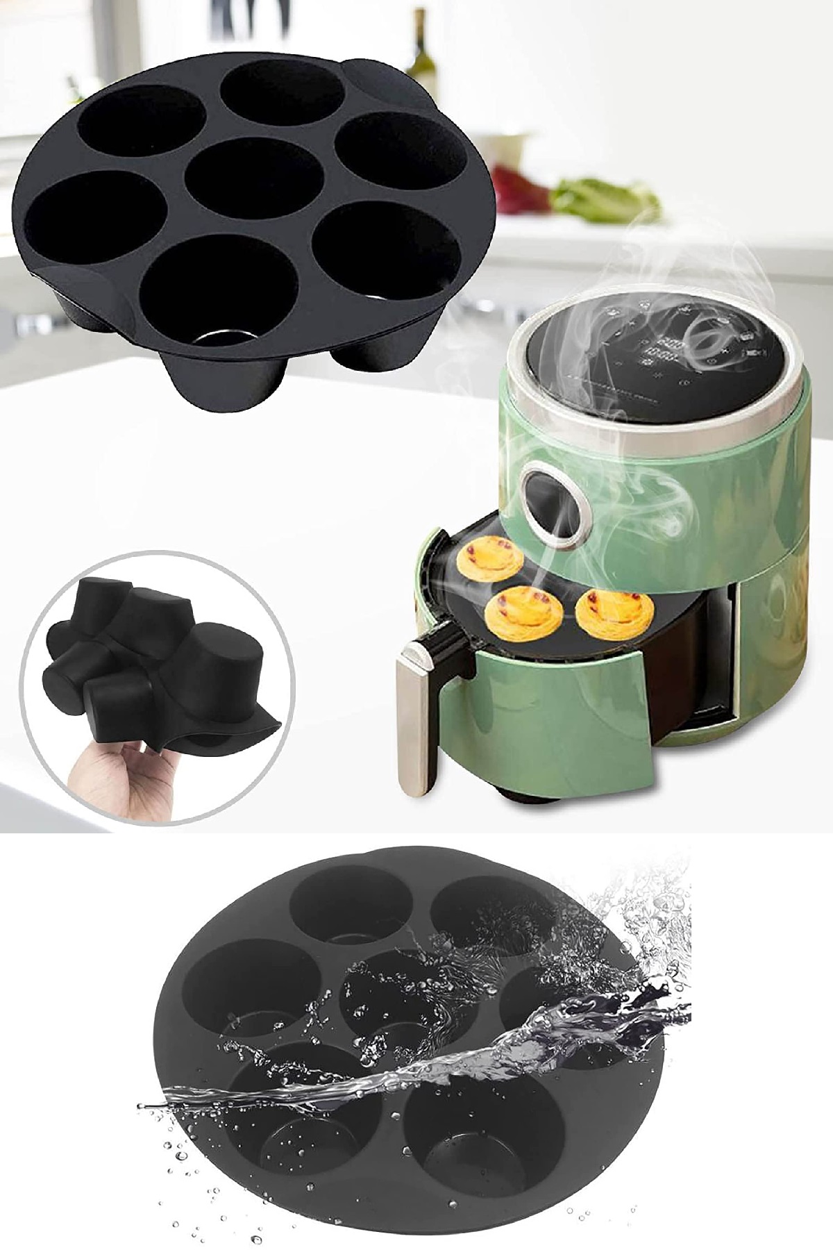 Airfryer Silikon Muffin Kek Kalıbı 7 Gözlü Hava Fritözü Kek Ve Çörek Pişirme Kalıbı Antrasit Gri