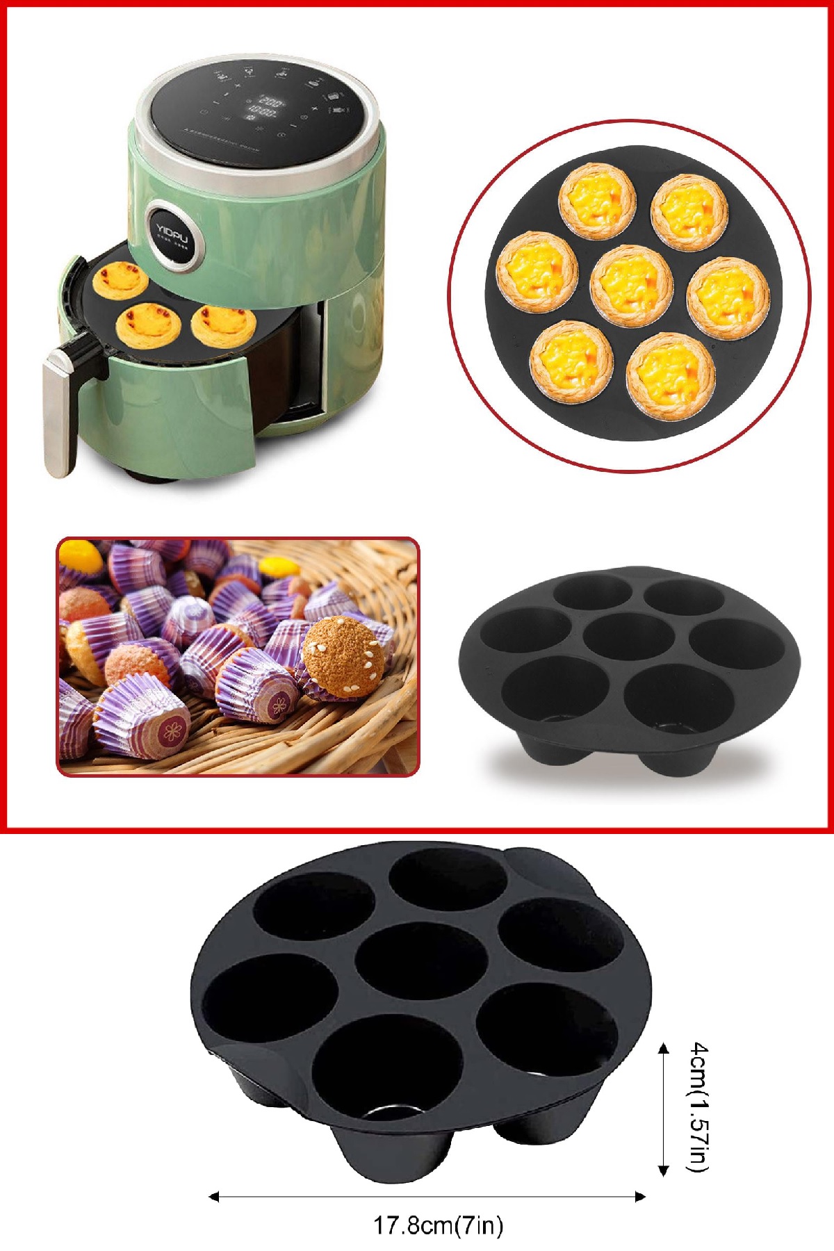 Airfryer Silikon Muffin Kek Kalıbı 7 Gözlü Hava Fritözü Kek Ve Çörek Pişirme Kalıbı Antrasit Gri