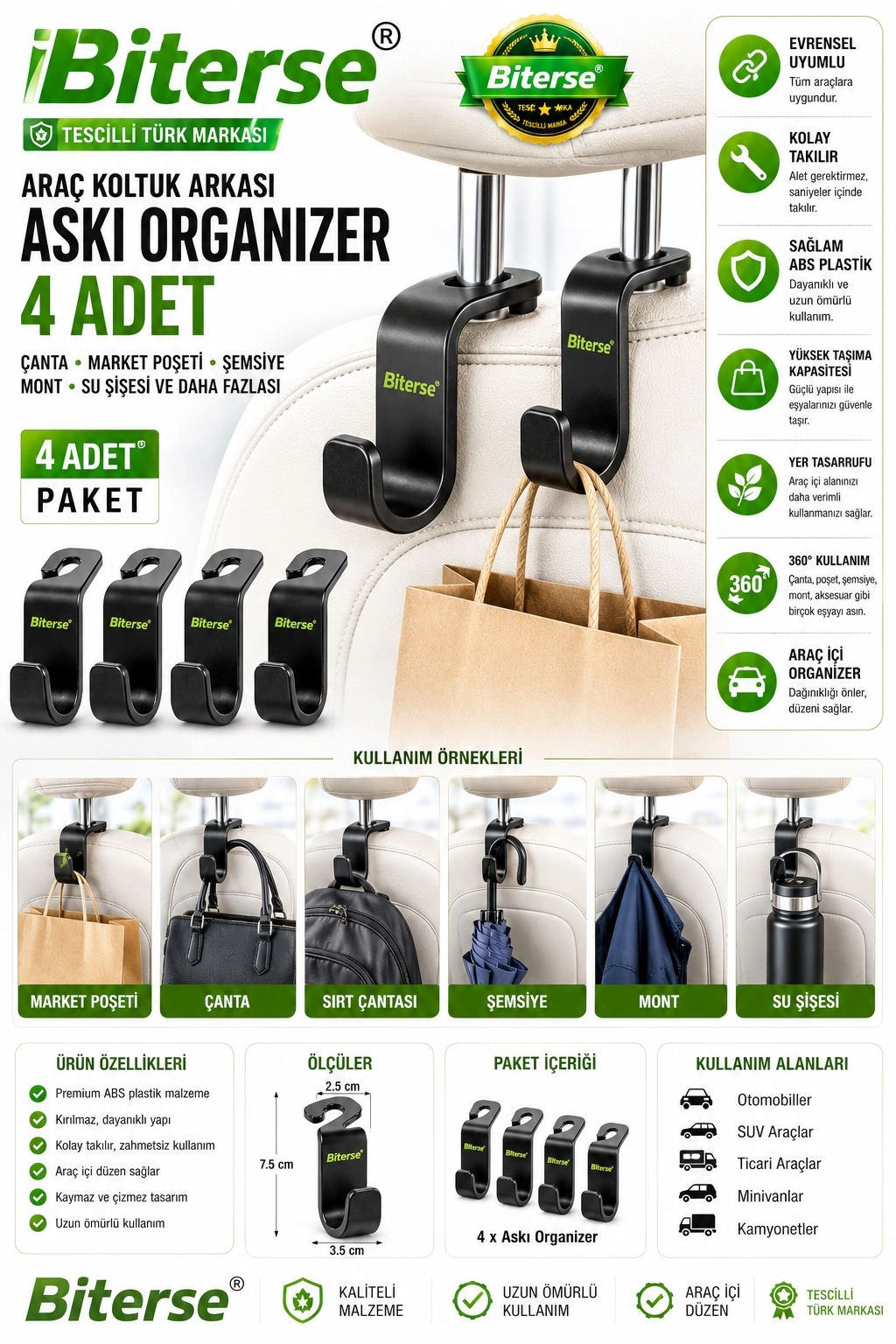 Araç Koltuk Arkası Askı Organizer 4 Adet Çanta Market Poşeti Askılığı Siyah