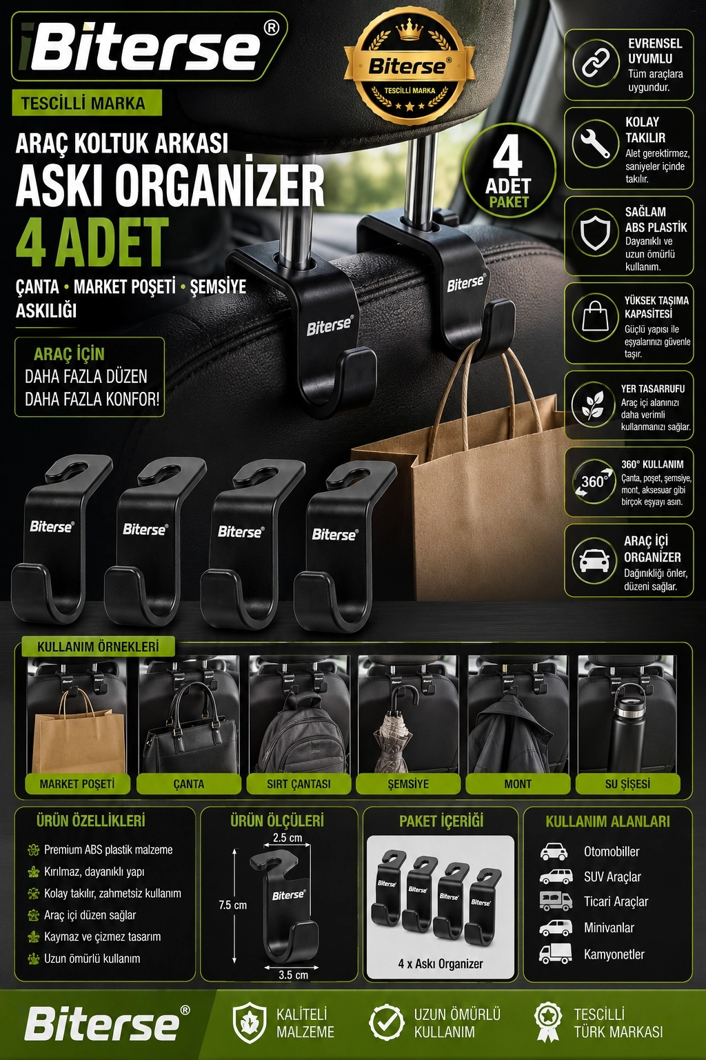 Araç Koltuk Arkası Askı Organizer 4 Adet Çanta Market Poşeti Askılığı Siyah