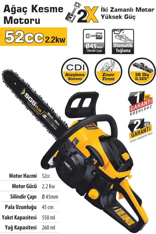 Benzinli Profesyonel Ağaç Kesme Motoru 52 cc Ağaç Motoru 45 cm Otomatik Zincir Yağlama