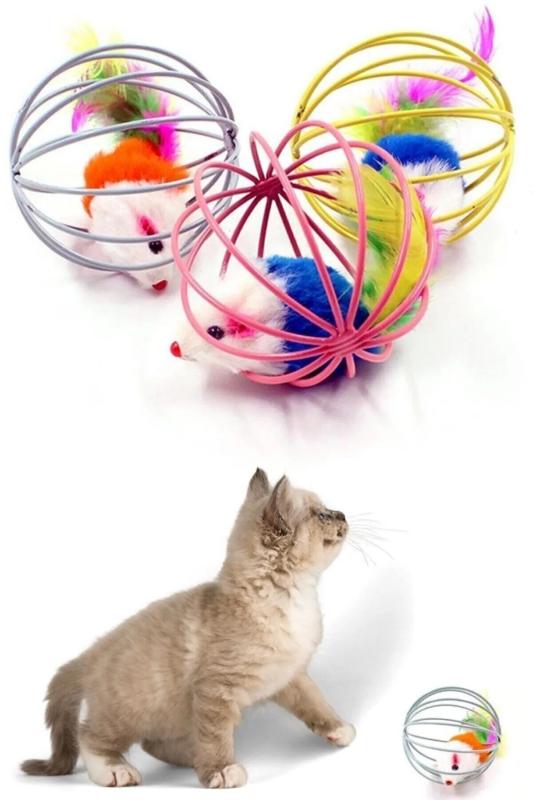 Biterse 1 Adet Metal Kafesli Pelüş Fareli Kedi Köpek Oyuncağı 6 Cm