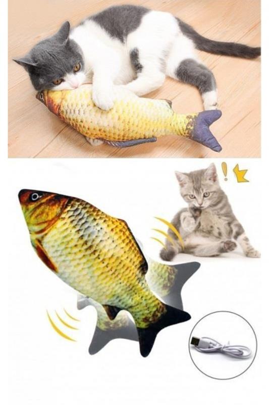 Biterse Şarj Edilebilir Haraketli Balık Kedi Oyuncağı USB Şarjlı Bez Balık Kedi Oyuncağı