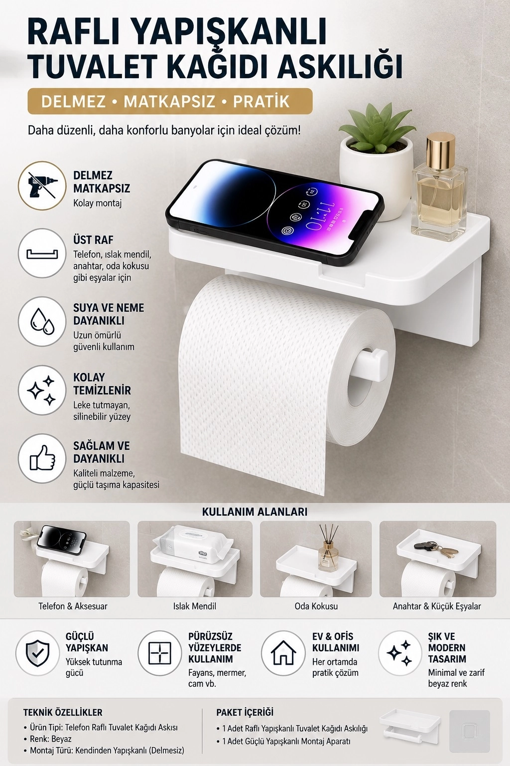 Biterse Raflı Yapışkanlı Tuvalet Kağıtlığı Matkapsız Delmesiz Banyo Düzenleyici Beyaz