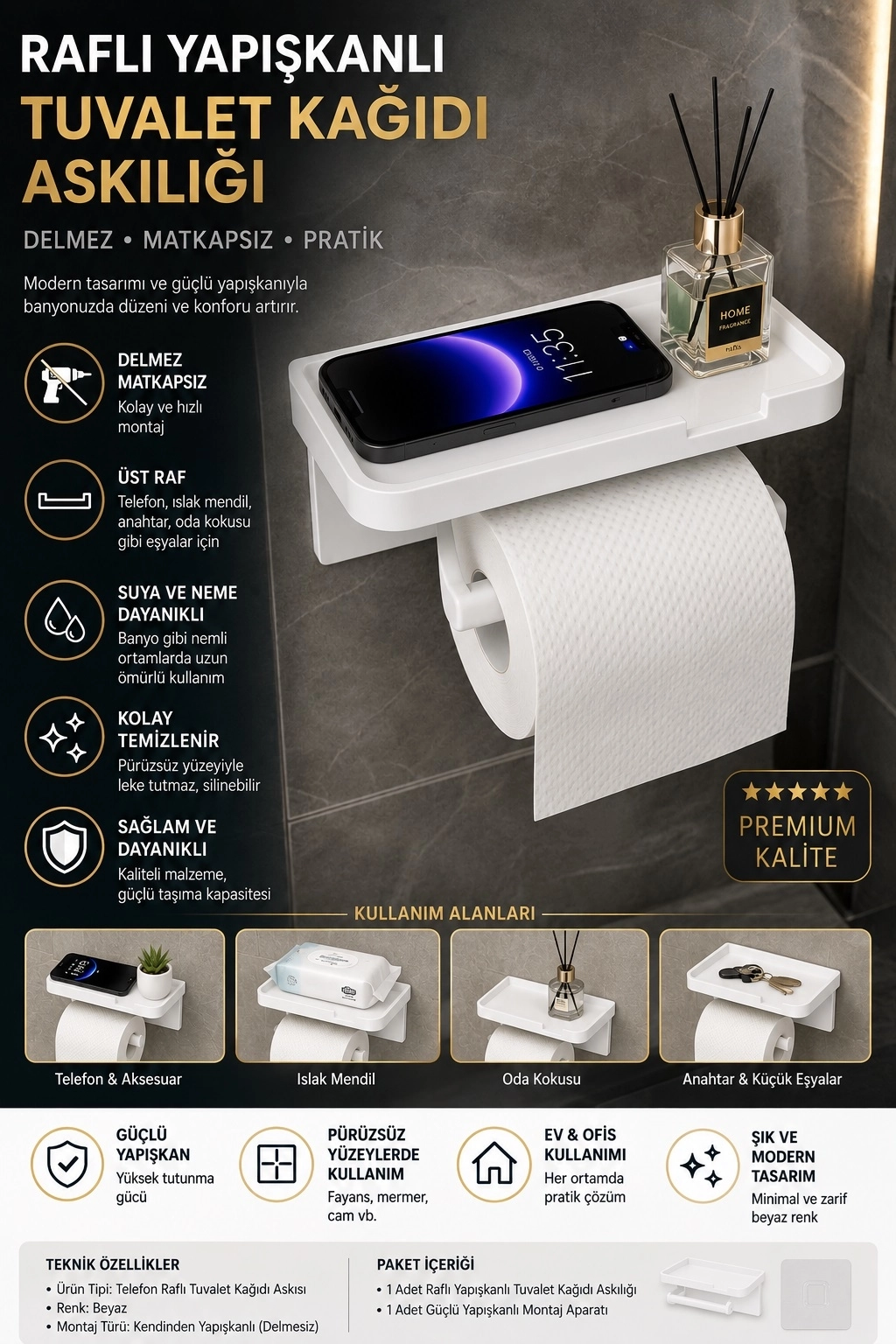 Biterse Raflı Yapışkanlı Tuvalet Kağıtlığı Matkapsız Delmesiz Banyo Düzenleyici Beyaz