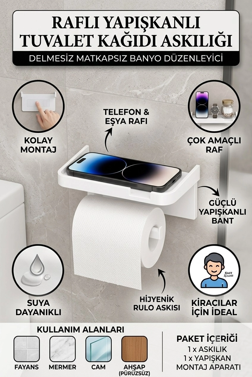 Biterse Raflı Yapışkanlı Tuvalet Kağıtlığı Matkapsız Delmesiz Banyo Düzenleyici Beyaz