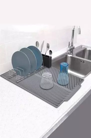 Büyük Boy Silikon Bulaşık Kurutma Matı Bulaşıklık Bulaşık Altlığı Antrasit 44 x 33 cm