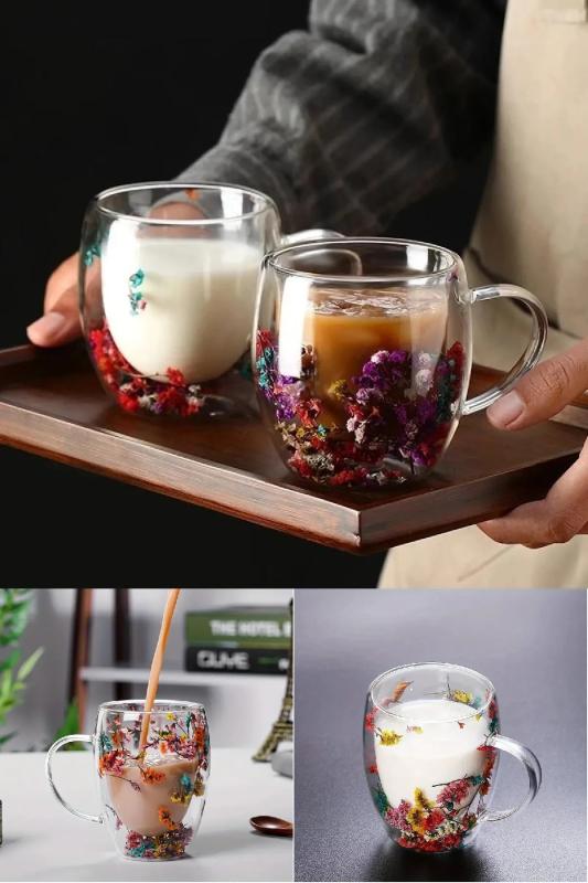 Çift Çidarlı Çiçekli Bardak Isıya Dayanıklı Borosilikat Kupa Flower Cup 250 Ml