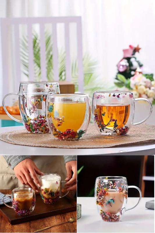 Çift Çidarlı Çiçekli Bardak Isıya Dayanıklı Borosilikat Kupa Flower Cup 250 Ml