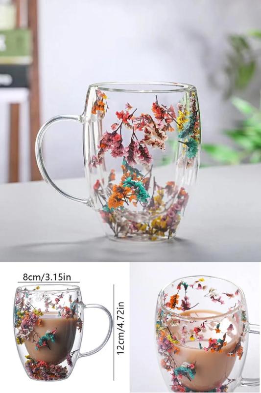 Çift Çidarlı Çiçekli Bardak Isıya Dayanıklı Borosilikat Kupa Flower Cup 250 Ml