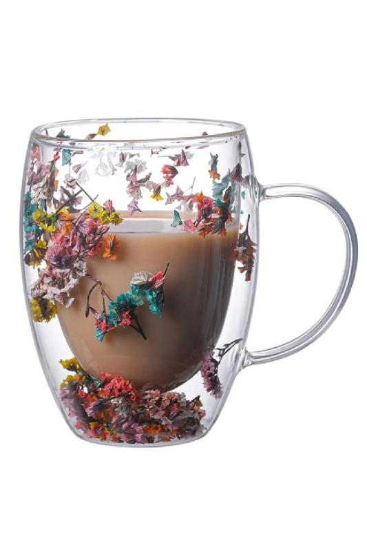 Çift Çidarlı Çiçekli Bardak Isıya Dayanıklı Borosilikat Kupa Flower Cup 250 Ml