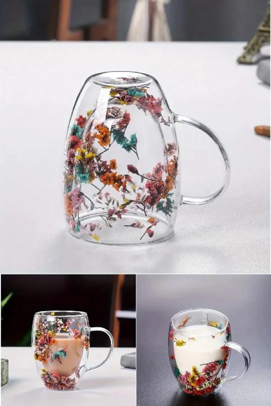 Çift Çidarlı Çiçekli Bardak Isıya Dayanıklı Borosilikat Kupa Flower Cup 250 Ml