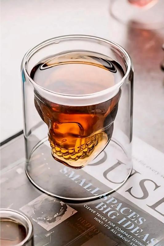 Çift Cidarlı Kuru Kafa Tasarımlı Viski Bardağı Çift Cidarlı Tasarım Bardak 