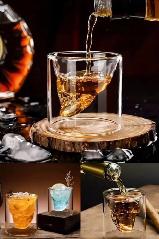 Çift Cidarlı Kuru Kafa Tasarımlı Viski Bardağı Çift Cidarlı Tasarım Bardak 