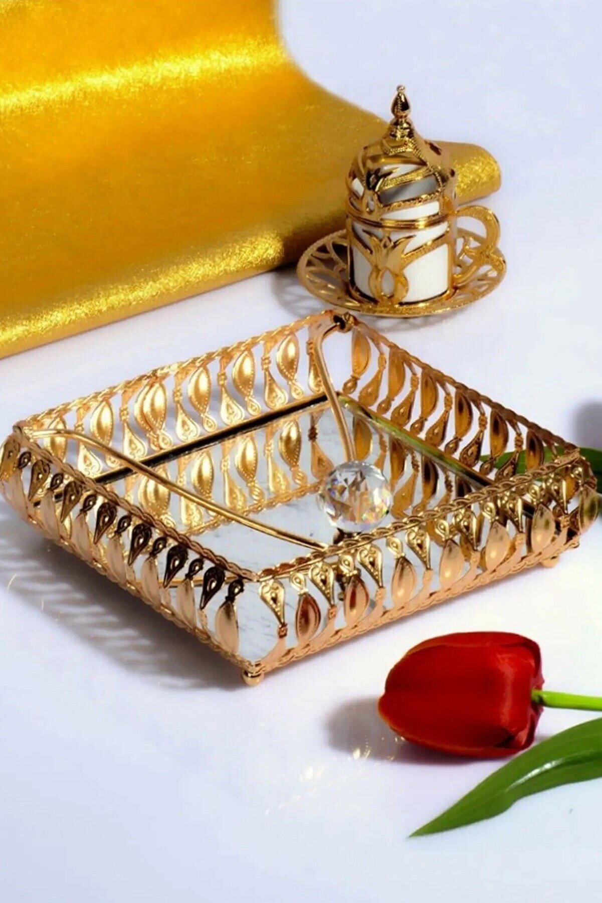 Biterse Dekoratif Aynalı Peçetelik Gold Renk