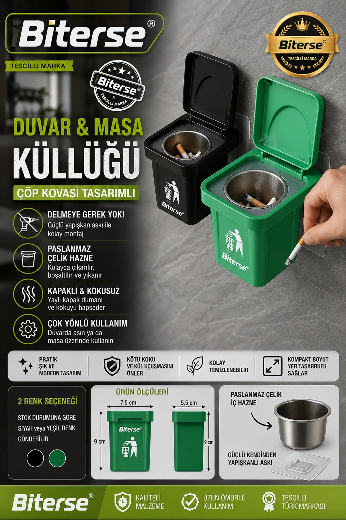 Duvara Monte Kapaklı Küllük Yapışkanlı Paslanmaz Çelik Hazneli Masa ve Duvar Tipi 1 Adet