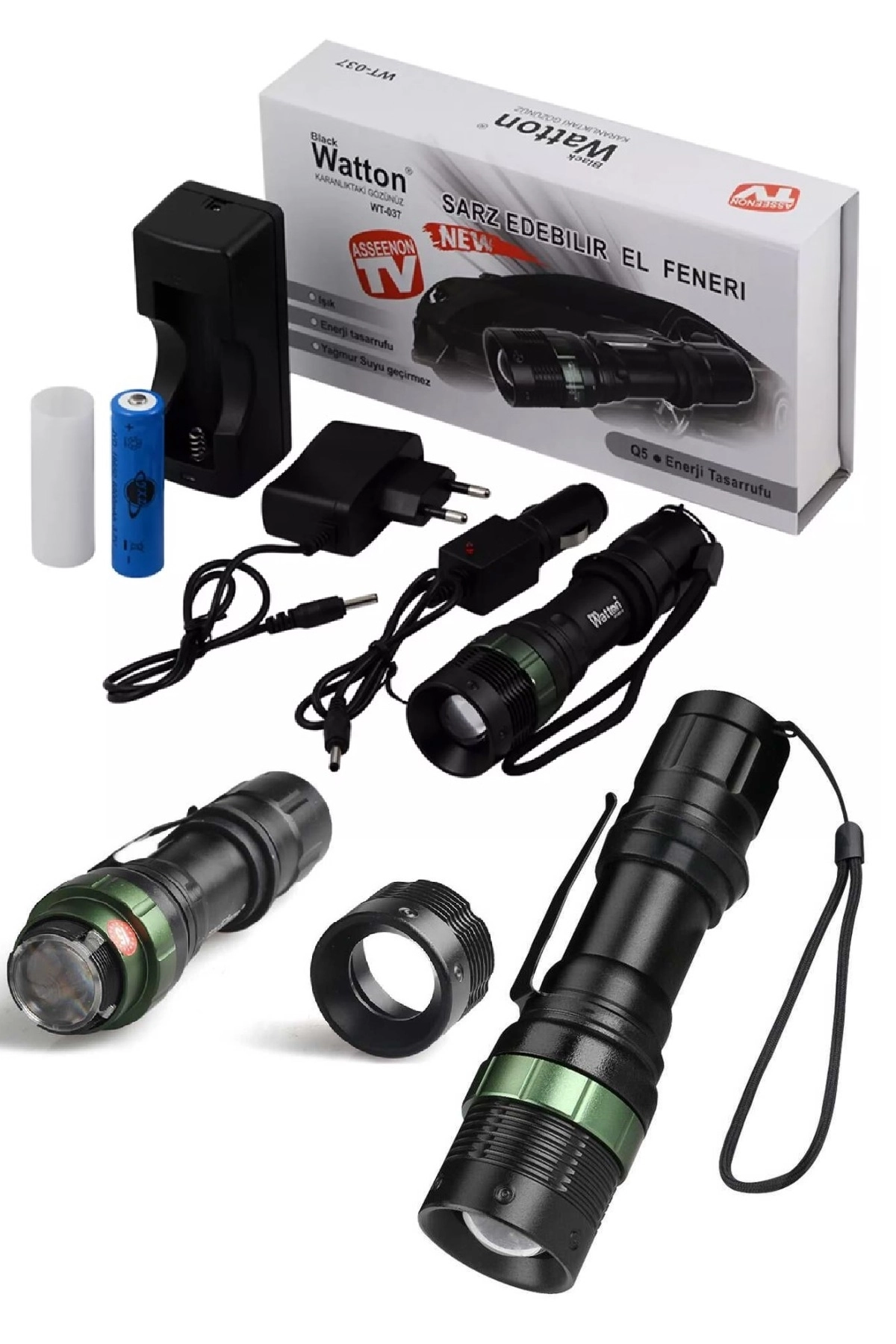 Enerji Tasarruflu Watton WT-037 LED Zoomlu El Feneri Şarjlı Acil Durum Feneri