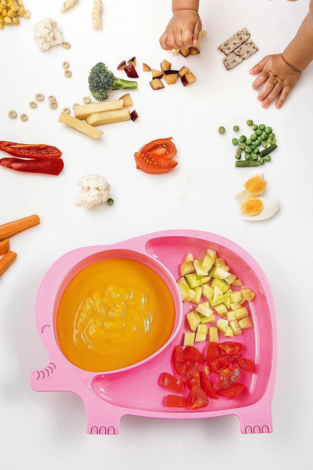 Fil Tasarımlı Bebek Mama Tabağı 2 Bölmeli Pembe
