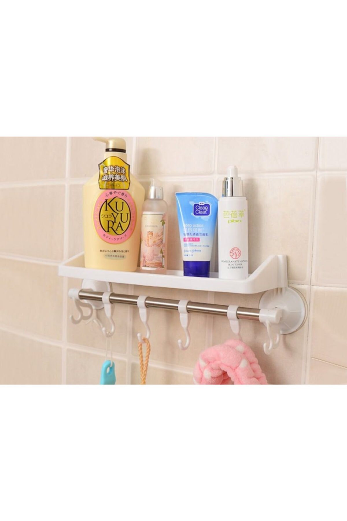 Vantuzlu Şampuan Raflı Kancalı Banyo Havlu Askısı Askı Aparatı