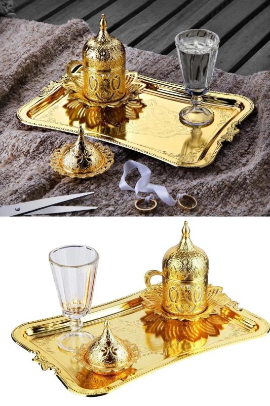 Hediyelik Tek Kişilik Damat Kahve Seti Ahsen Kahve Sunum Seti Gold