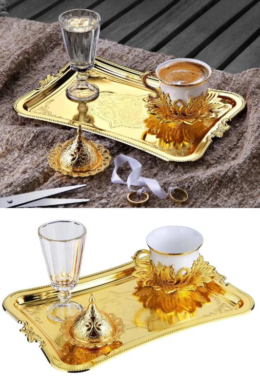 Hediyelik Tek Kişilik Damat Kahve Seti Tiryaki Kahve Sunum Seti Gold