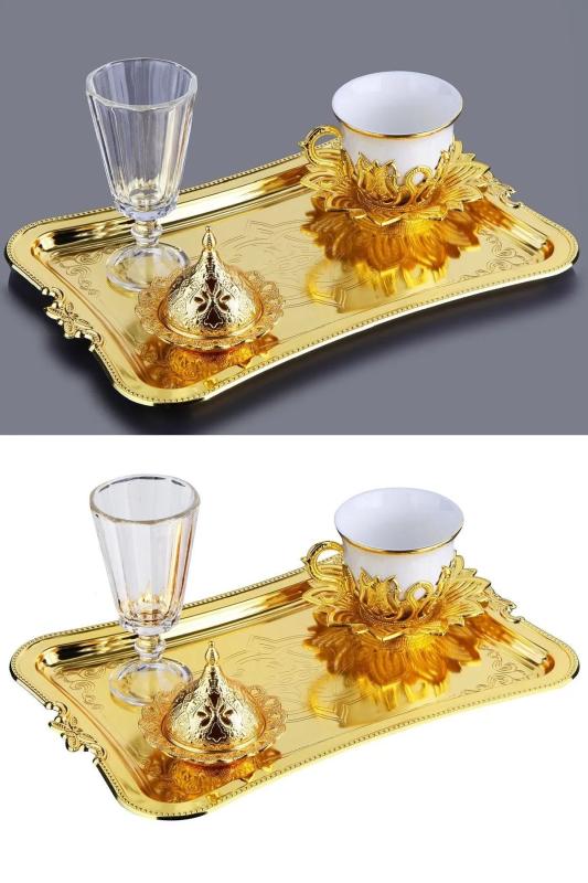 Hediyelik Tek Kişilik Damat Kahve Seti Tiryaki Kahve Sunum Seti Gold