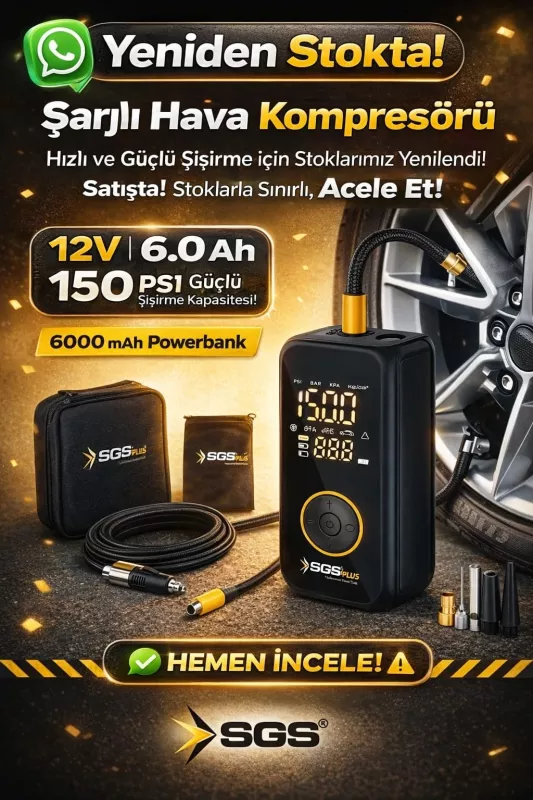 Biterse® SGS5398 Şarjlı Hava Kompresörü 12V 6.0Ah Dijital Ekranlı 150 PSI Powerbank Özellikli