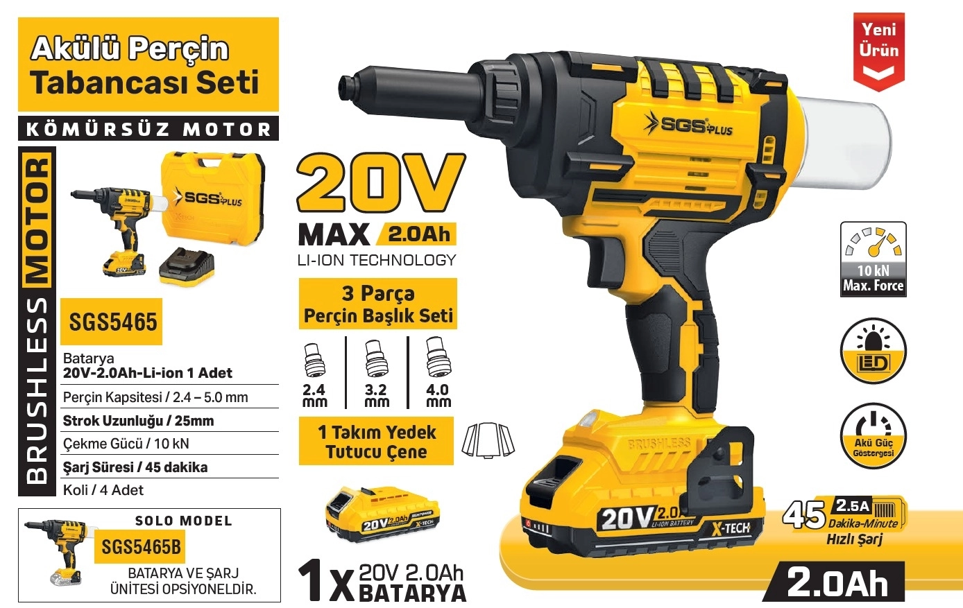 Biterse® SGS Kömürsüz Akülü Perçin Tabancası Seti 20V 2.0Ah SGS5465