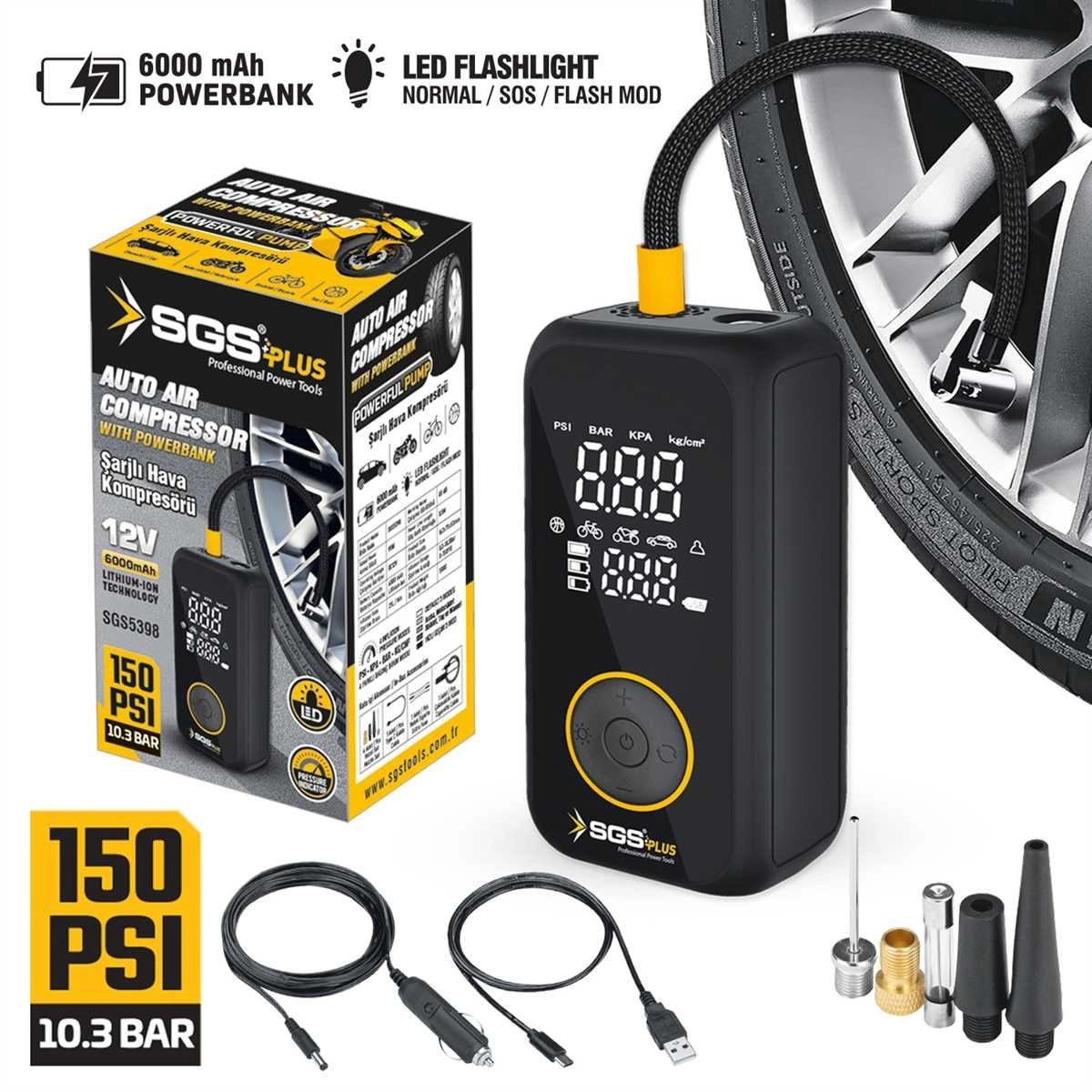 Biterse® SGS5398 Şarjlı Hava Kompresörü 12V 6.0Ah Dijital Ekranlı 150 PSI Powerbank Özellikli