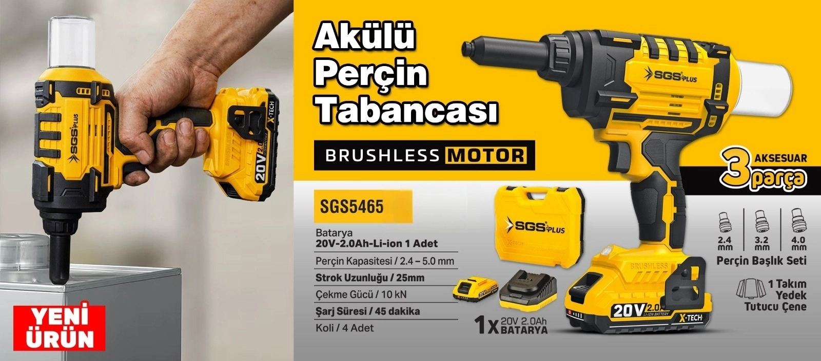 Biterse® SGS Kömürsüz Akülü Perçin Tabancası Seti 20V 2.0Ah SGS5465