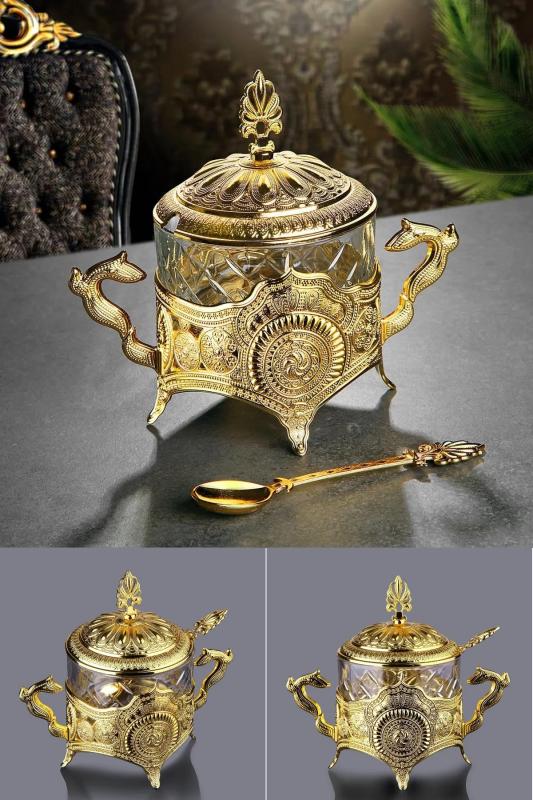 Lüks Otantik Osmanlı Motifli Kaşıklı Yuvarlak Kulplu Cam Şekerlik Gold Renk