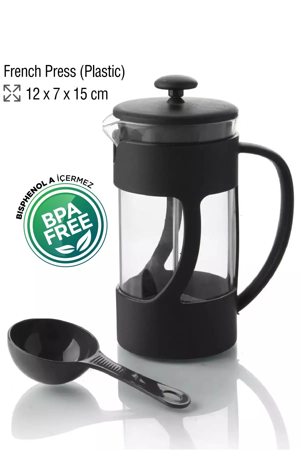 Mat Siyah Plastik Kaşıklı French Press Seti 350 ml