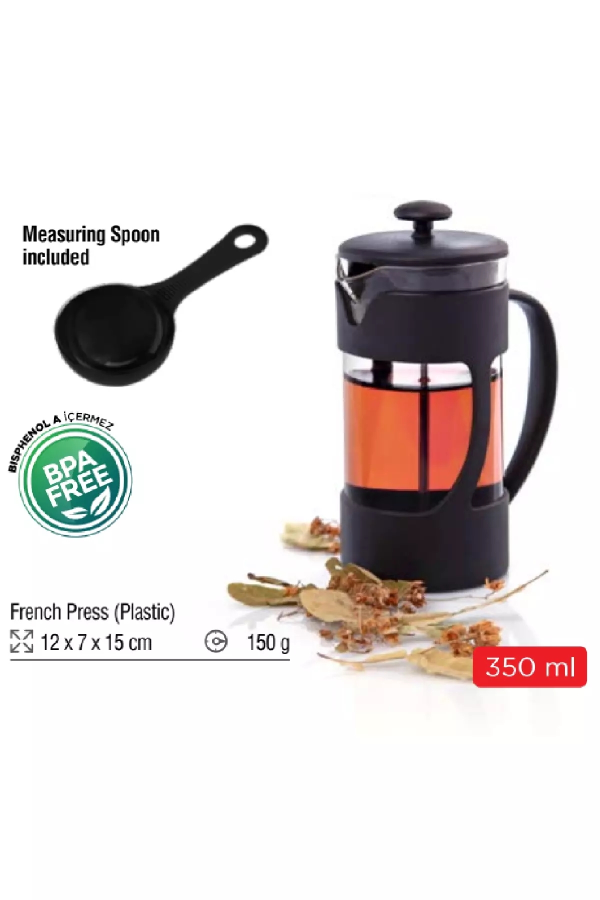 Mat Siyah Plastik Kaşıklı French Press Seti 350 ml