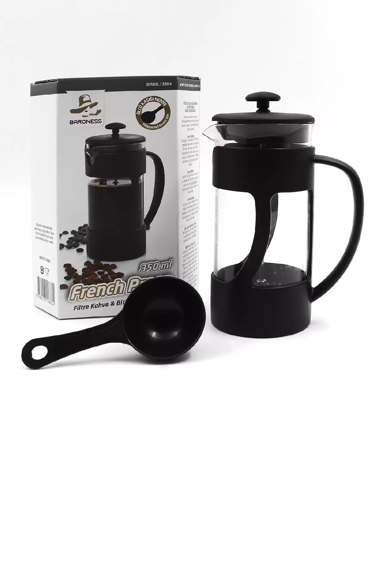 Mat Siyah Plastik Kaşıklı French Press Seti 350 ml