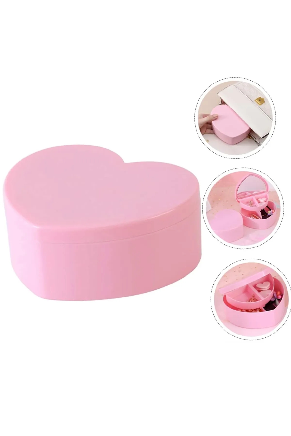 Mini Kalp Tasarımlı Aynalı Takı Saklama Kutusu Pembe