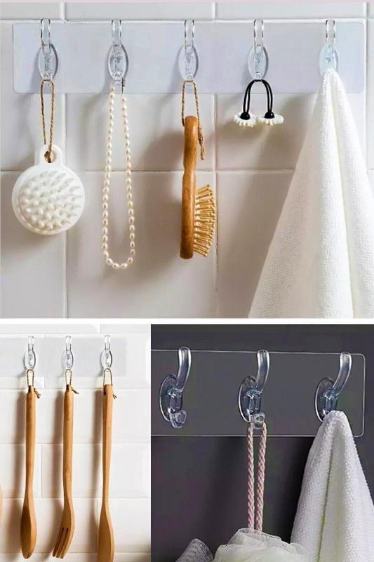 Montaj Gerektirmeyen Güçlü Yapışkanlı Şeffaf 5 li Sıralı Askı Mutfak ve Banyo Askısı Şeffaf