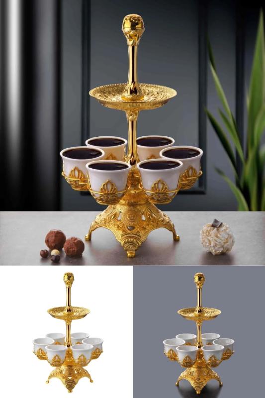 Otantik Lüks 6 Kişilik 2 Katlı Mırra Kahvesi Sunum Standı Gold