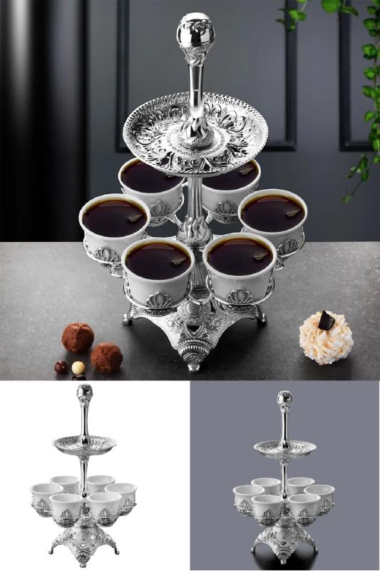 Otantik Lüks 6 Kişilik 2 Katlı Mırra Kahvesi Sunum Standı Gümüş Renk