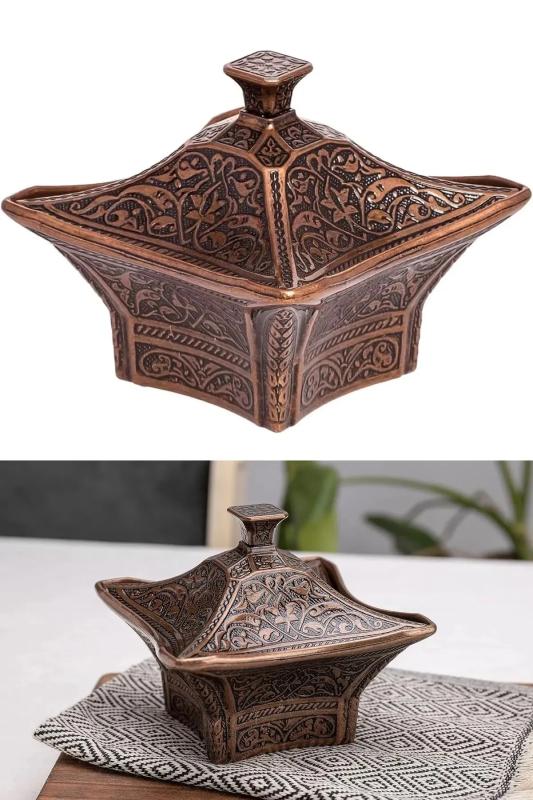 Otantik Osmanlı Motifli Büyük Kare Şekerlik Lokumluk Kase Kapaklı Sunum Kasesi Bakır Renk