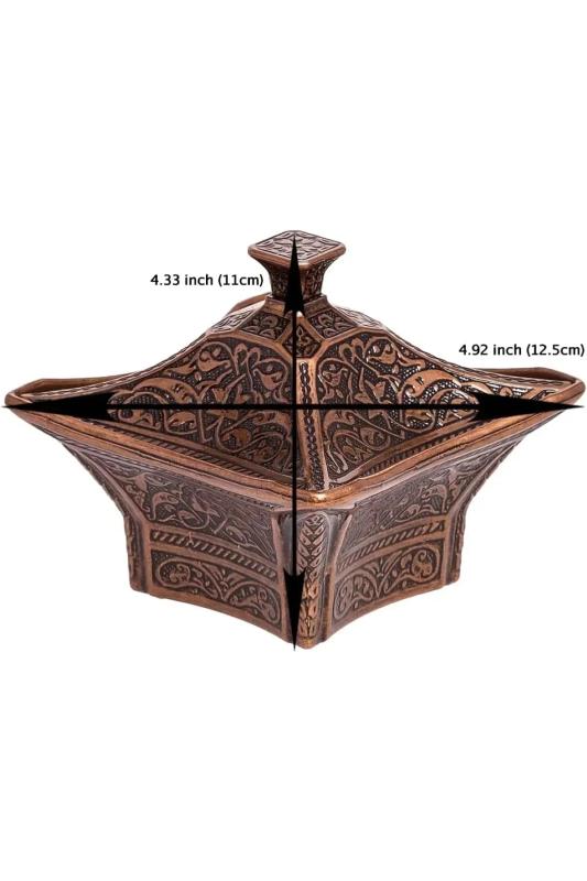 Otantik Osmanlı Motifli Büyük Kare Şekerlik Lokumluk Kase Kapaklı Sunum Kasesi Bakır Renk