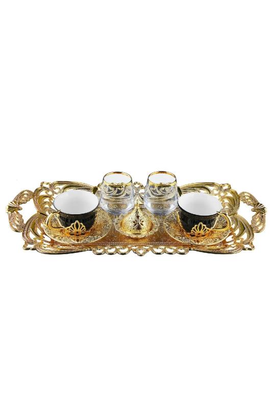 Otantik Siyah İki Kişilik Tam Takım Kahve Seti Tepsili Ahu İkili Sunum Kahve Fincan Takımı Gold Renk